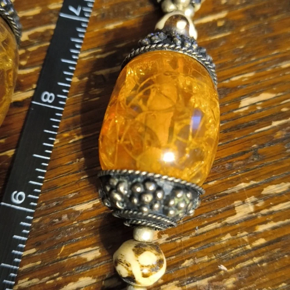 Vintage Amber , Metal Wood Statement Necklace - Picture 9 of 11